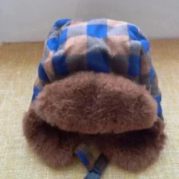 Gymboree Trapper hat w/ ear flaps Brown And Blue Plaid Fur Lined Hat Cap - Picture 3 of 12